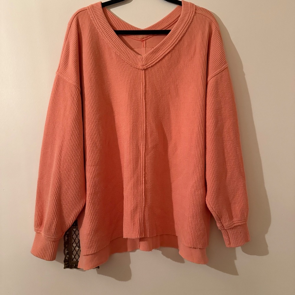 Aerie Oversized Coral Textured Waffle Knit V-Neck Sweatshirt Pullover Large